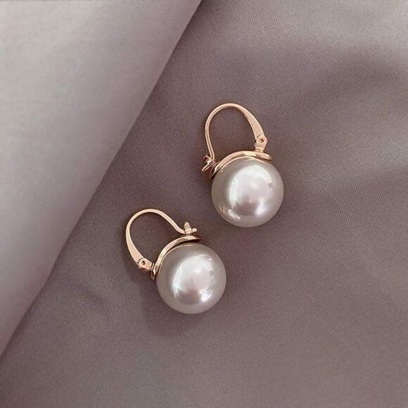 Sterling Silver Big Pearl Dangle Earrings, Chunky Pearl Huggie 14K Gold Plated - Picture 1 of 4